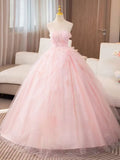 Pink strapless pleated long tulle ball gown bridal dress