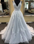 Silver long bridal wedding dress v neck lace applique tulle wedding party prom dress