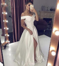 Off the shoulder Ivory long satin prom gown,slit evening party dress,wedding party gown