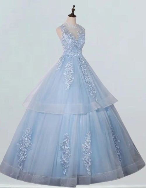Blue high collar lace applique long ball gown formal dress