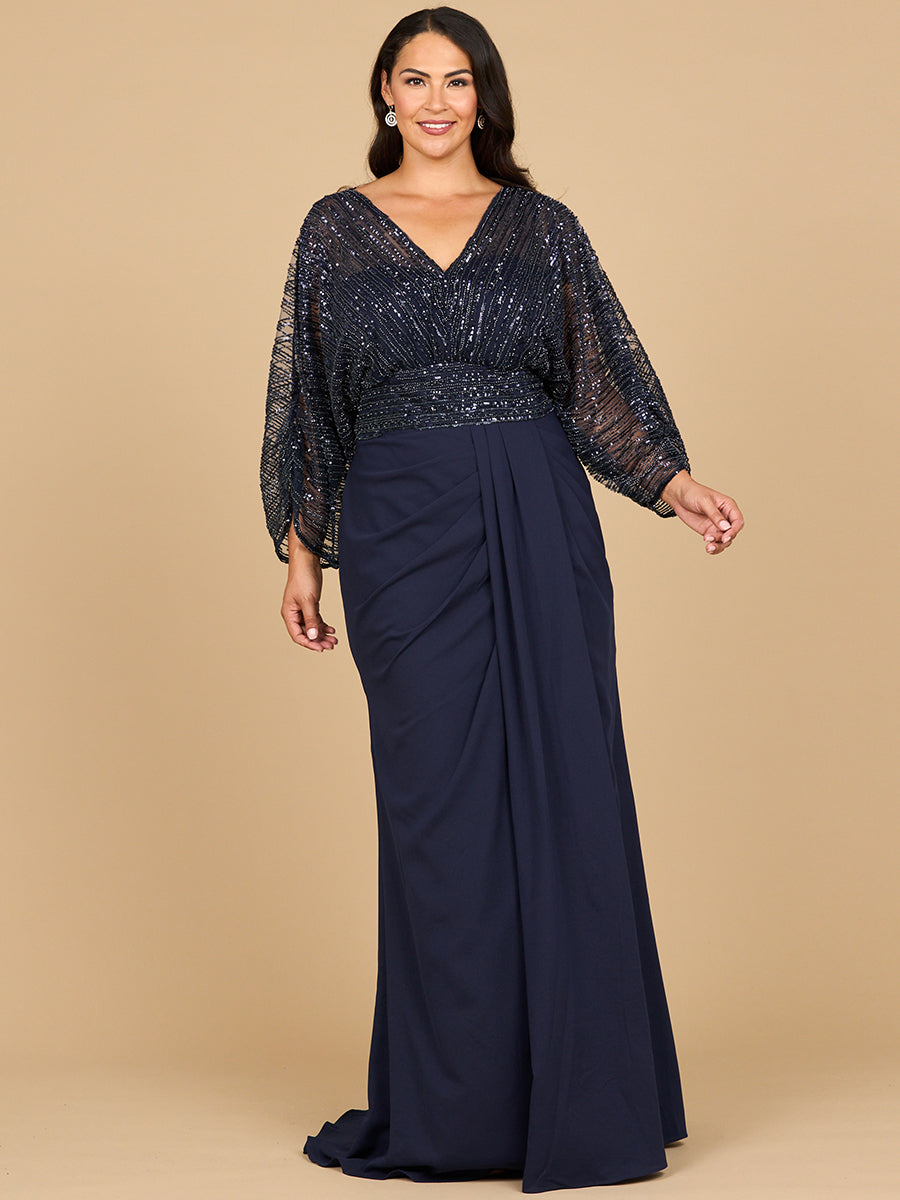 Lara 28950- Draped Skirt Gown with Cape Sleeves