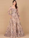 Long Sleeve Scoop Neck Lace Gown with Overskirt