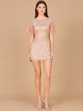 Short Sleeve Cocktail Dress with Feathers