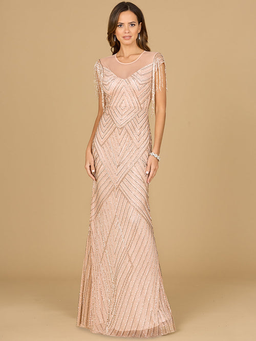 Beaded Fringe Illusion Dress with Cap Sleeves