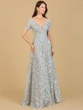 Short Sleeve Lace A-Line Dress with V-Neckline