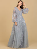 V Neckline Balloon Sleeve Gown