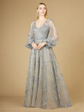 V Neckline Balloon Sleeve Gown