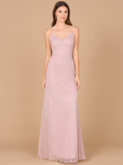 Beaded Spaghetti Strap Navy Full-Length Gown