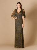 Cape Sleeve V-Neck Beaded Gown