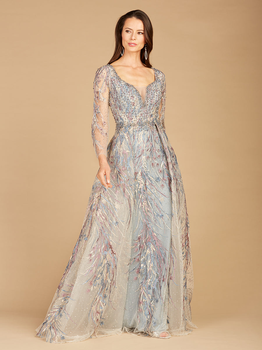 Long Sleeve Contrast Embroidered Gown with Overskirt