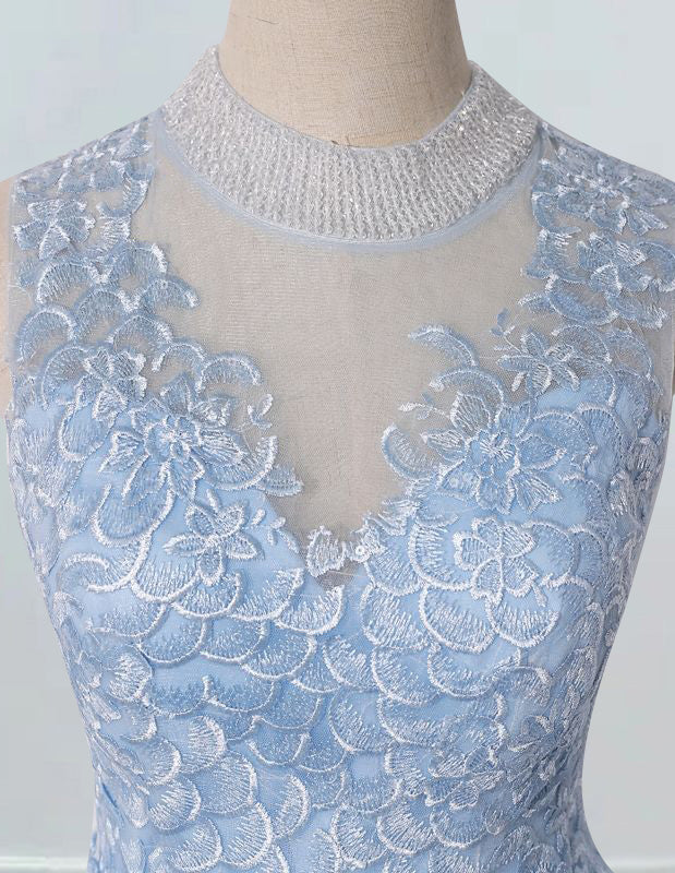 Women's Blue Tulle Ball Gown | Lace Applique Boat Neck Evening Dress