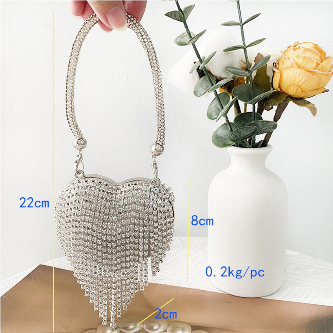 Fringed Rhinestone Bag, Birthday Party purse, Heart Shape Dinner Bag evening Clutch Purse Party, Prom Bag, Party Purse, Prom Bags Clutch, Wedding Purse Crossbody Chain