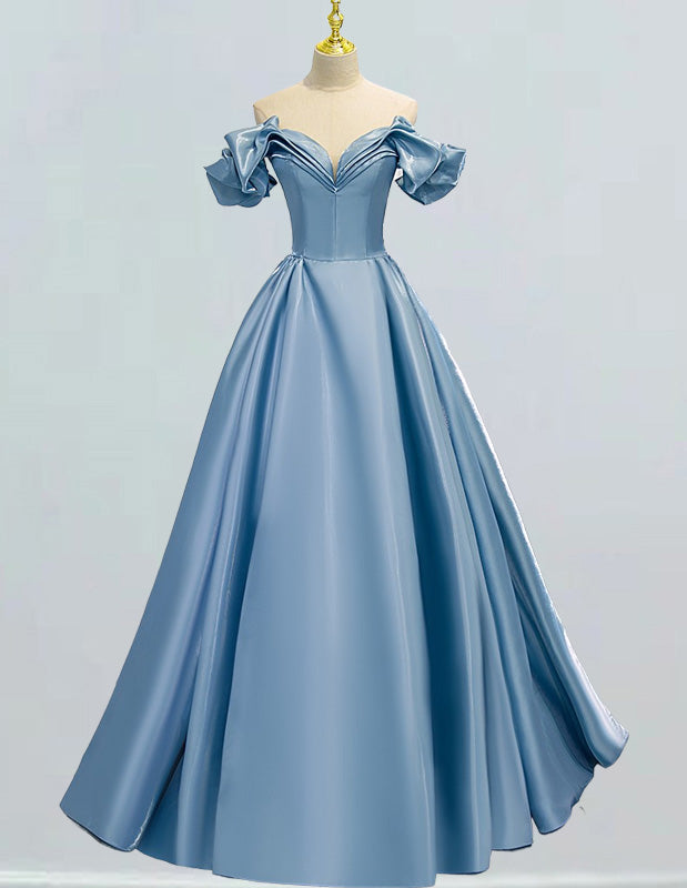 Elegant Satin Off-Shoulder V-Neck Prom Dress | Evening Ball Gown with Sleeves