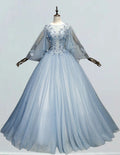 Women's Grayish Blue Lace Applique Tulle Ball Gown | Scoop Neck Prom & Evening Dress