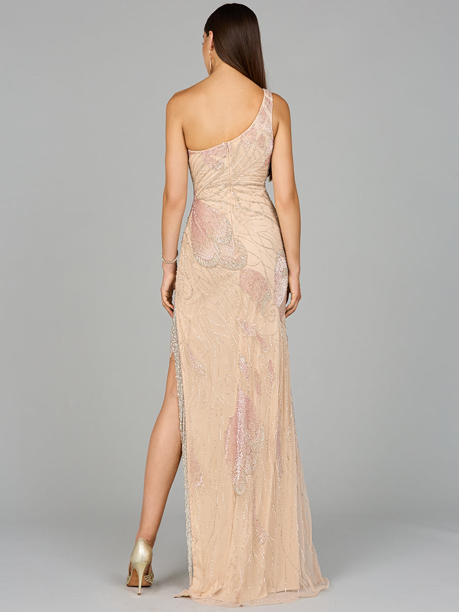 Lara 9948 - One Shoulder Beaded Gown with Fringe Slit