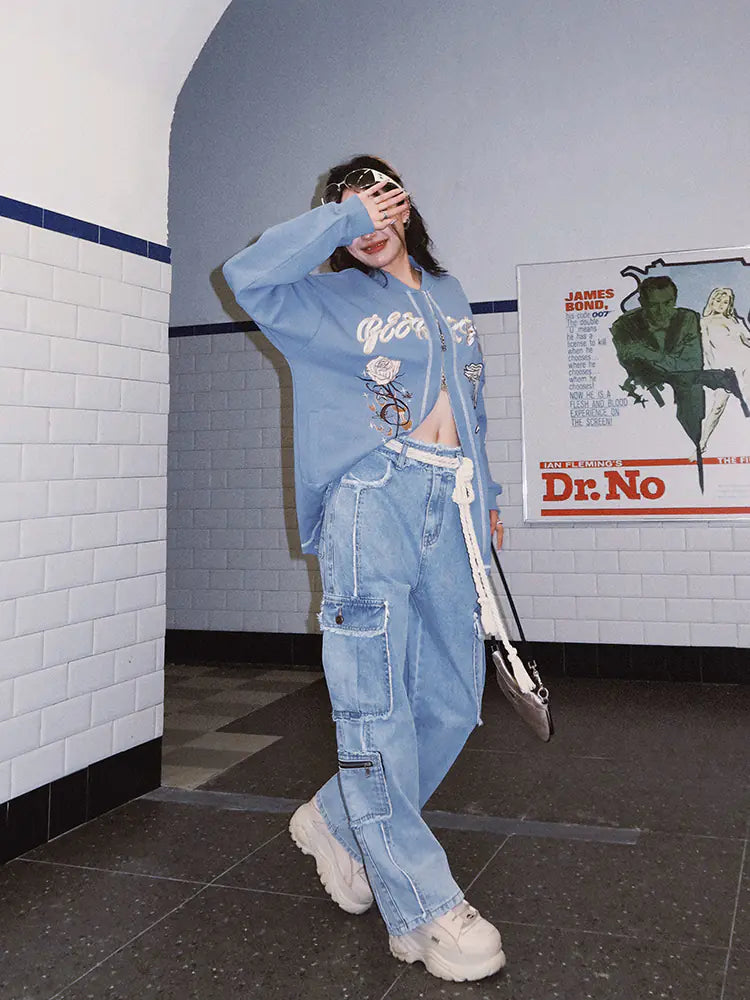 Retro American High Waist Jeans with Raw Edges