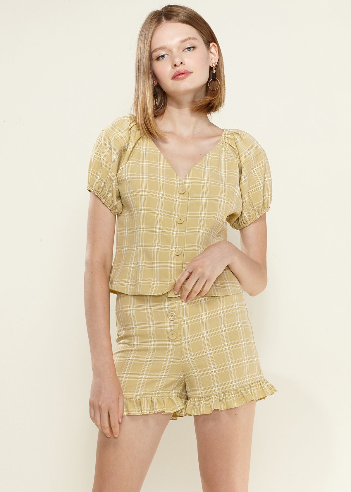Women's Plaid Puff Shoulder Button Down Blouse
