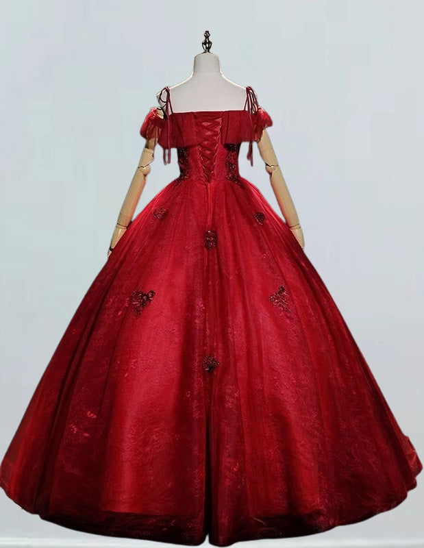 Burgundy off the shoulder flower lace long prom dress ball gown straps floor length fluffy tulle wedding dress gown bridal gown