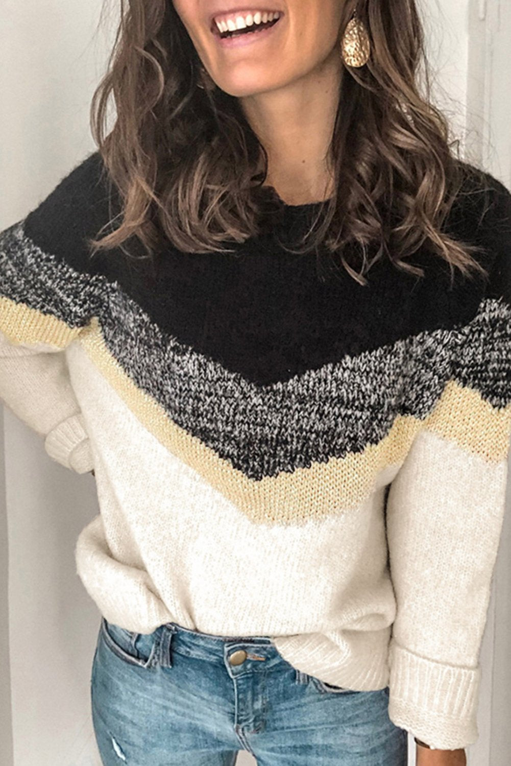 V Stripe Pattern Colorblock Sweater