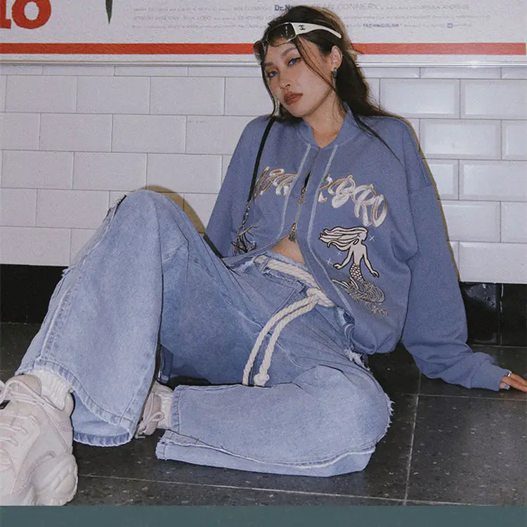 Retro High Waist American Jeans with Raw Edges