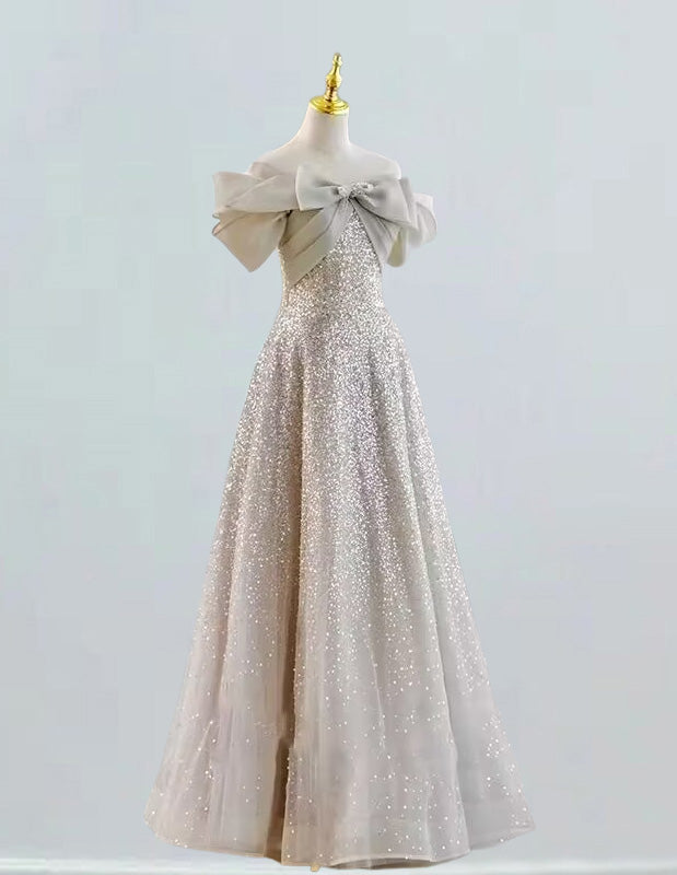 Women's Silver Sequin Off-Shoulder Prom Dress | Elegant Evening Gown
