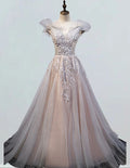 Women's Elegant V-Neck Beaded Lace Tulle Evening Ball Gown | Prom & Bridesmaid Dress