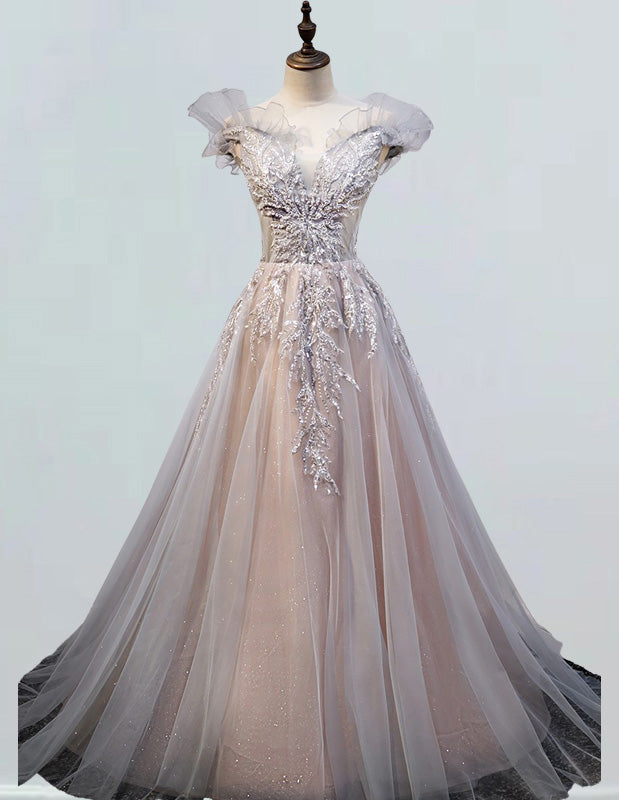 Women's Elegant V-Neck Beaded Lace Tulle Evening Ball Gown | Prom & Bridesmaid Dress