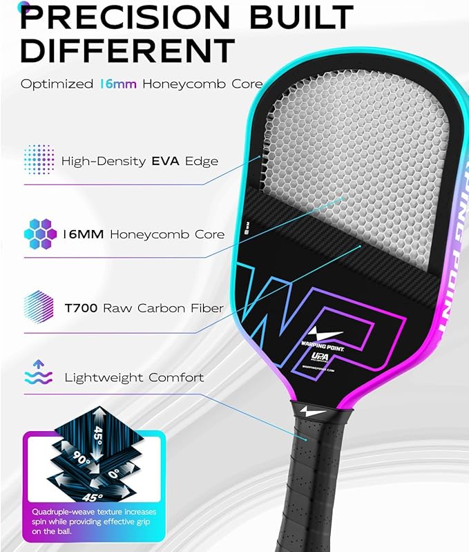 Neon Pickleball Paddle 16mm Core in blue, purple, violet Warping Point
