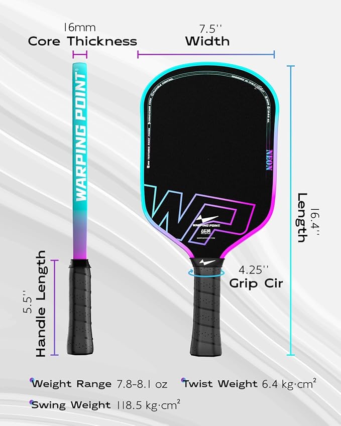 Neon Pickleball Paddle 16mm Core in blue, purple, violet Warping Point