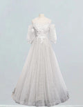 Silver Grey Lace Applique Prom Gown with Sleeves | Scoop Neckline | Elegant Evening Dress